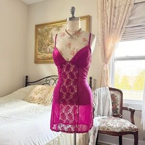 Y2K Fredericks of Hollywood hot pink lace babydoll lingerie dress size large
